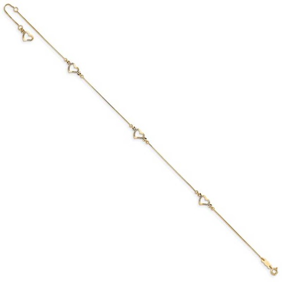 Solid 14K Yellow Gold Heart Charm Station Box Chain Anklet 9 inch + 1 inch Ext. - Picture 2 of 4